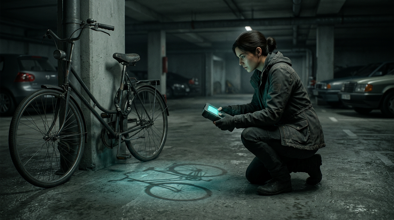 Operative kniend mit Resonanz-Scanner vor einem Fahrrad, dessen Schatten doppelt am Boden liegt.